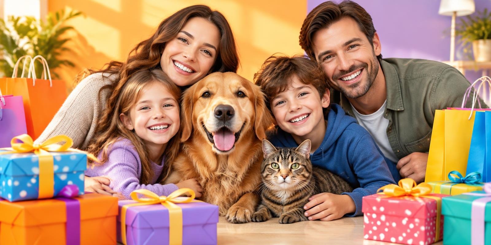 Happy family with their dog and cat surrounded by gifts